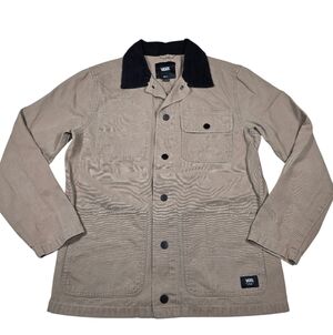 Vans Chore Coat Mens Snap Button Tan Drill Jacket Black Corduroy Collar, Size S